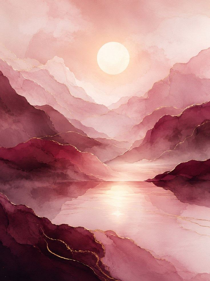 Pink Landscape Wall Art – Abstract Mountain Print - artwork on paper