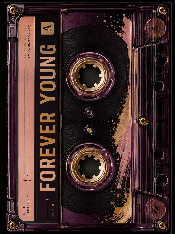 Forever Young Cassette Tape Art Print: Purple Gold Retro Music - artwork on paper