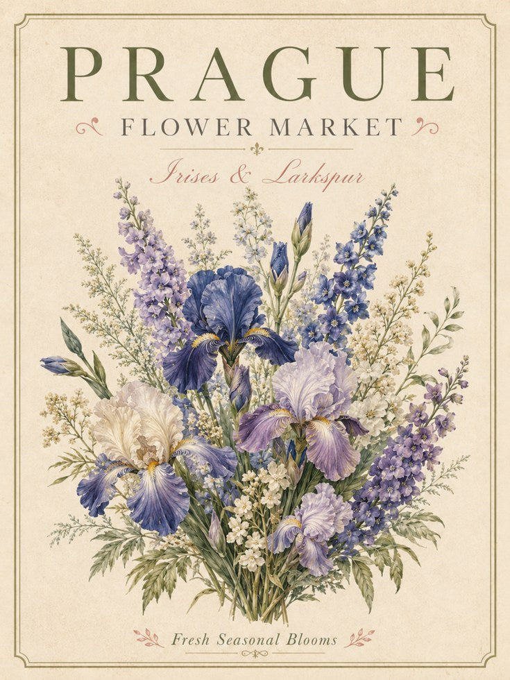 Prague Flower Market Print — Vintage Botanical Iris & Larkspur - artwork on paper