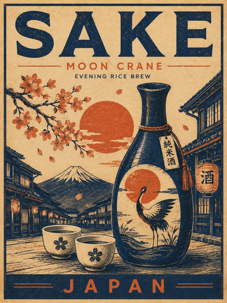 Japanese Sake Travel Poster – Vintage Style - artwork on paper