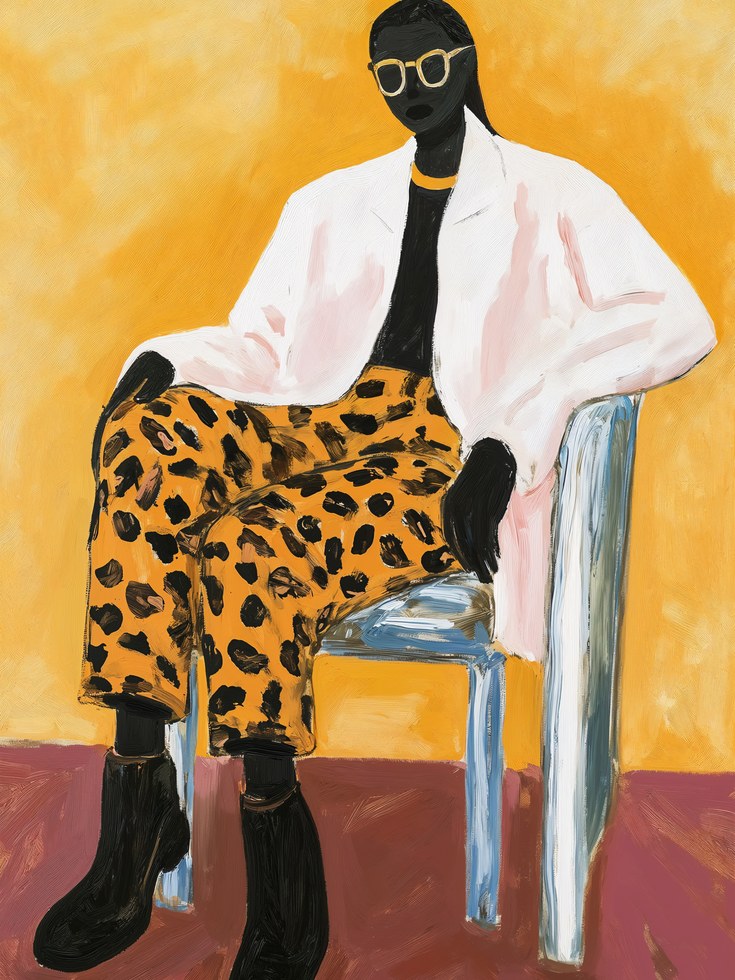 Confident Woman Portrait Print – Leopard Pants - artwork on paper
