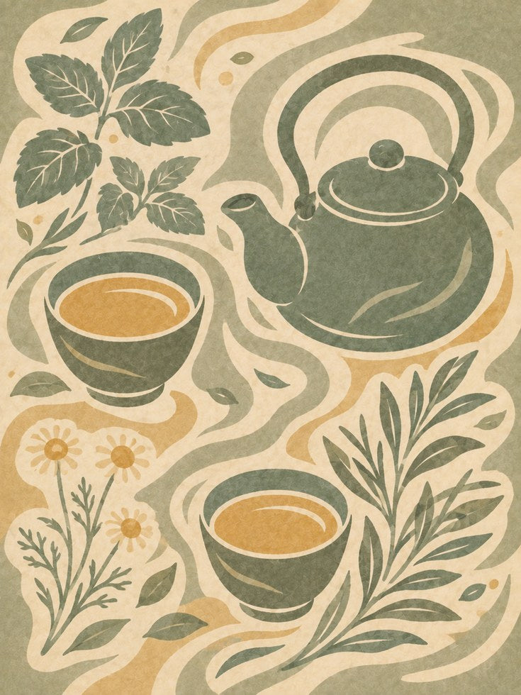 Herbal Tea Ceremony Art Print: Vintage Botanical Kitchen Poster - artwork on paper