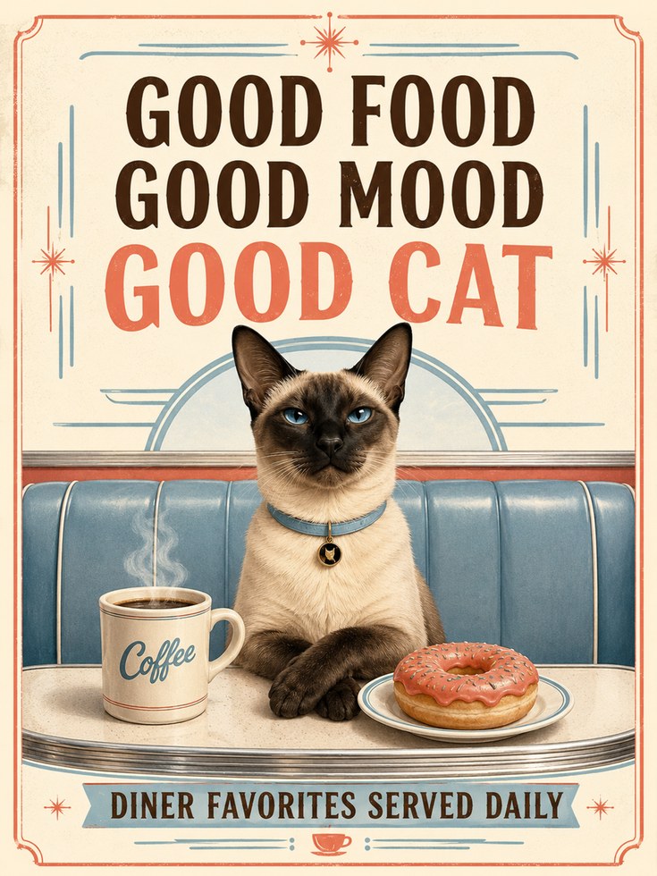 Cat Kitchen Wall Art – Good Food Good Mood Print - artwork on paper