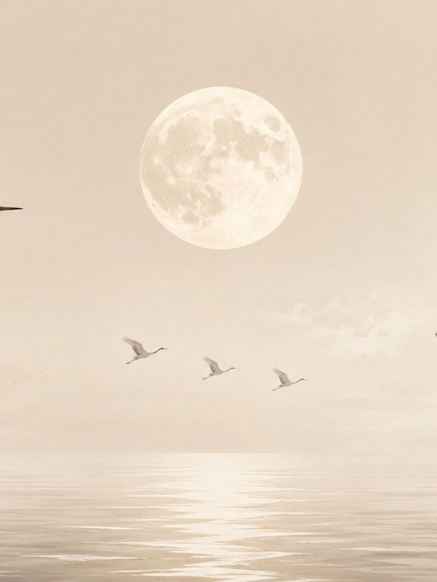 Migrating Birds Full Moon Art Print: Minimalist Beige Seascape - artwork on paper