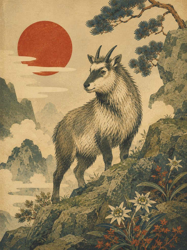 Mountain Goat Wall Decor: Japanese Vintage Art - artwork on paper
