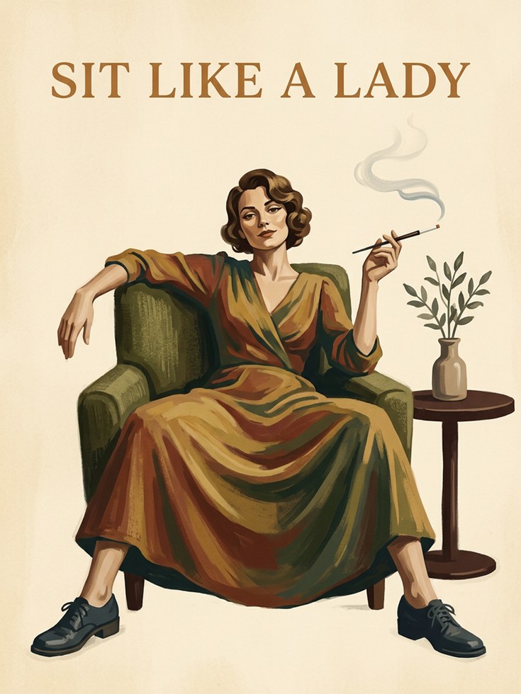 Sit Like a Lady Poster: Vintage Retro Woman with Cigarette Art - artwork on paper