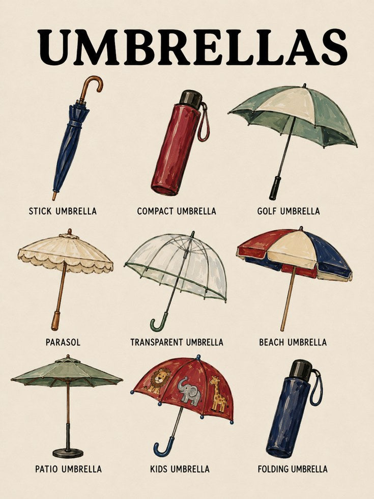 Umbrella Types Vintage Poster: Retro Educational Illustration - artwork on paper