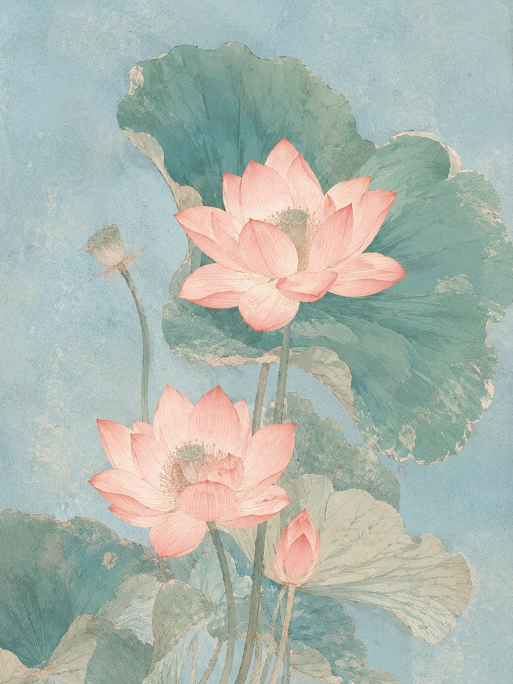 Pink Lotus Flowers Art Print: Vintage Botanical Watercolor - artwork on paper