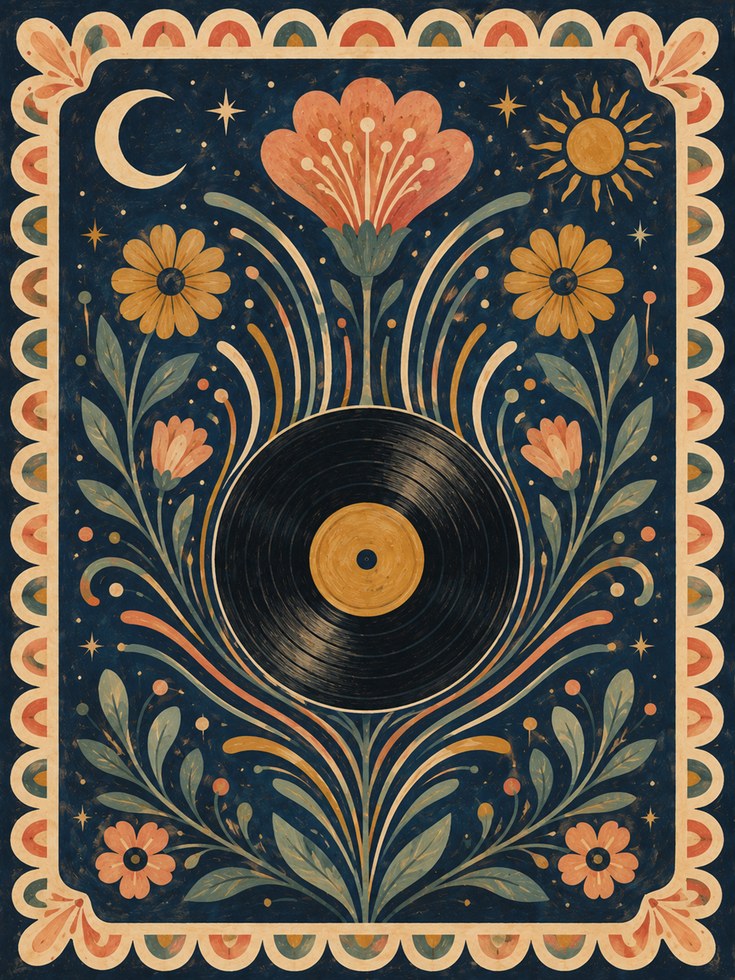 Folk Art Floral Vinyl Record Print - artwork on paper