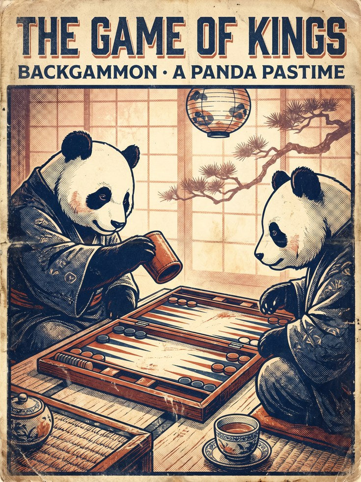 Backgammon Panda Print — Vintage Japanese Style Game Room Art - artwork on paper