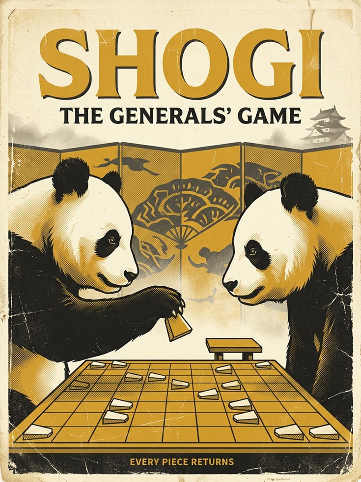 Shogi Pandas Art Print: Vintage Japanese Board Game Poster - artwork on paper