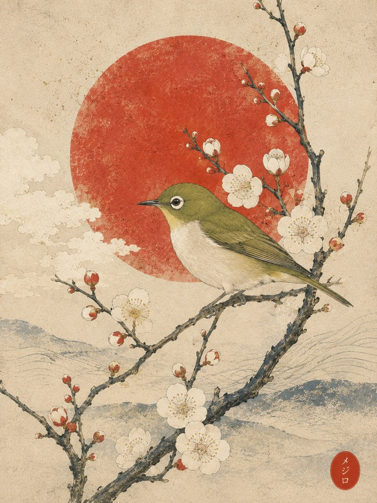 Japanese Bird and Plum Blossom Print - artwork on paper