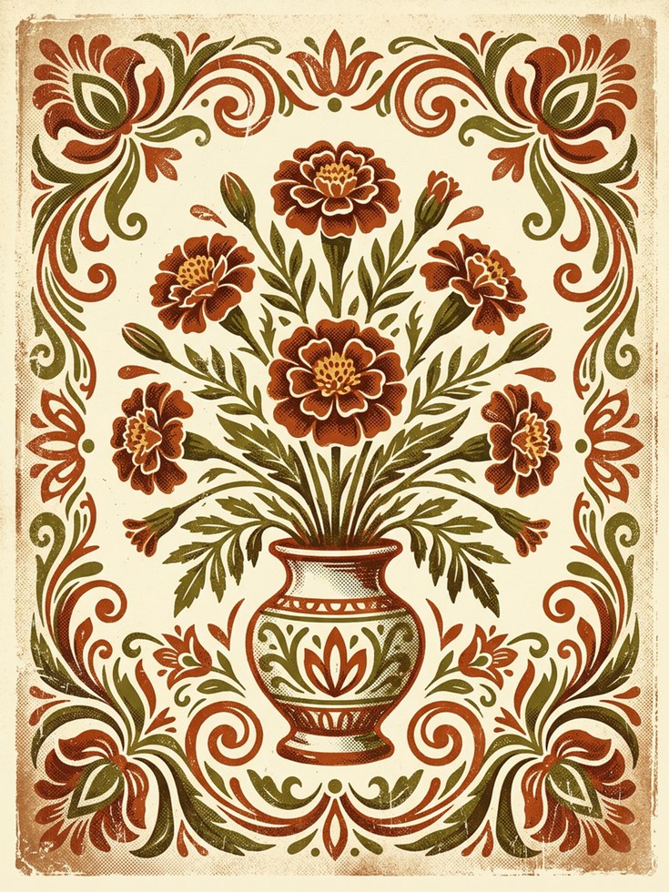 Folk Art Floral Vase Print — Vintage Hand-Painted Botanical - artwork on paper
