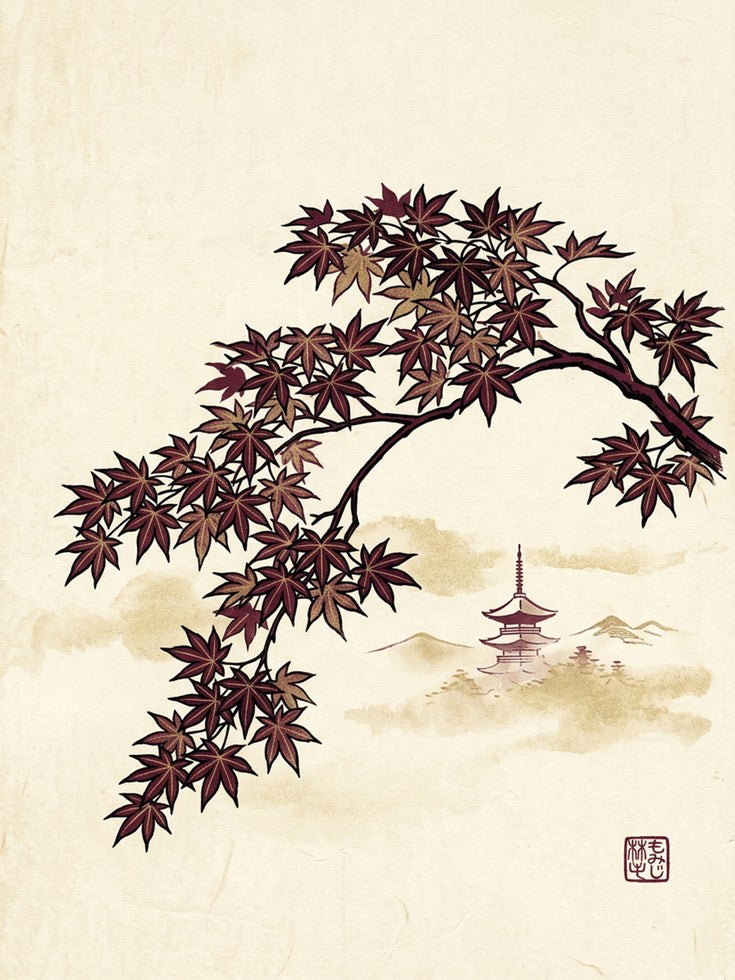 Japanese Maple and Pagoda Art Print: Traditional Asian Landscape - artwork on paper