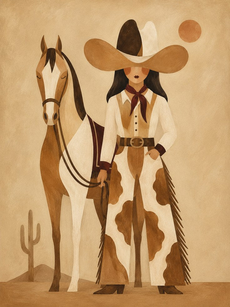 Western Cowgirl Print – Retro Horse Wall Art - artwork on paper