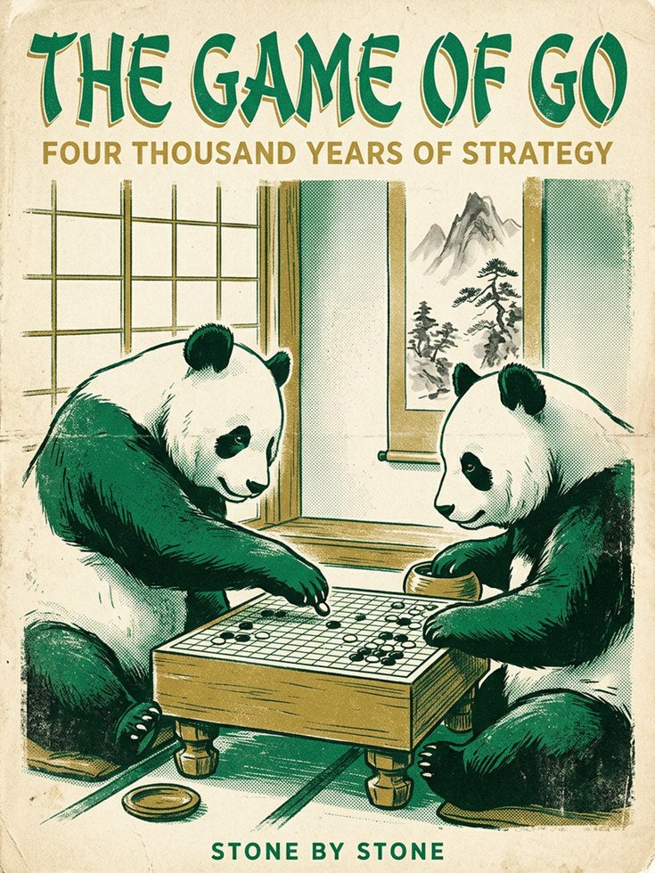 Pandas Playing Go Wall Art: Vintage Asian Game Poster - artwork on paper