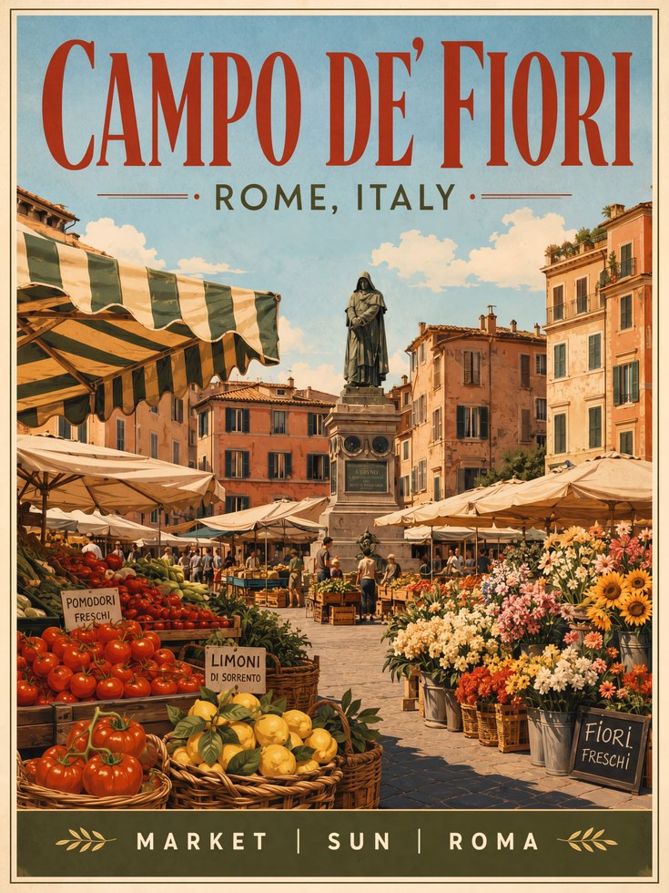 Campo de' Fiori Rome Poster — Vintage Italian Market Travel Print - artwork on paper