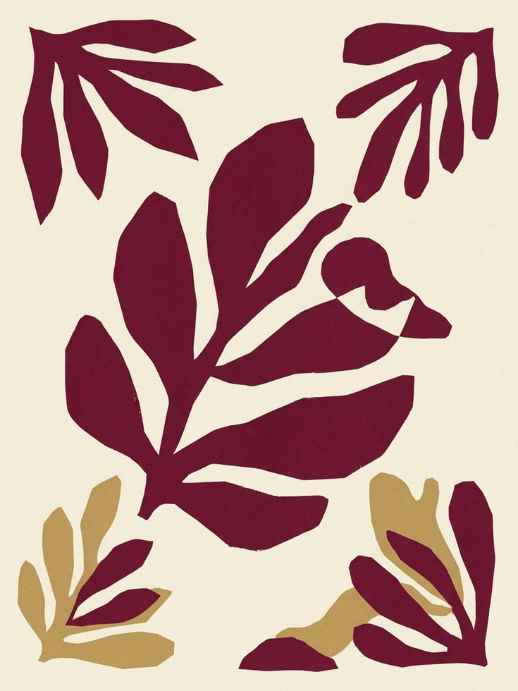 Matisse Style Botanical Cutout: Burgundy and Gold Wall Art - artwork on paper