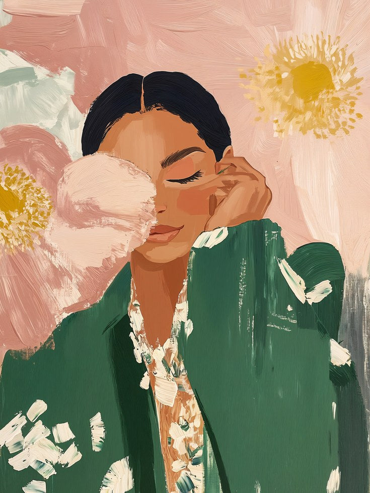 Kimono Woman Wall Art – Floral Portrait - artwork on paper