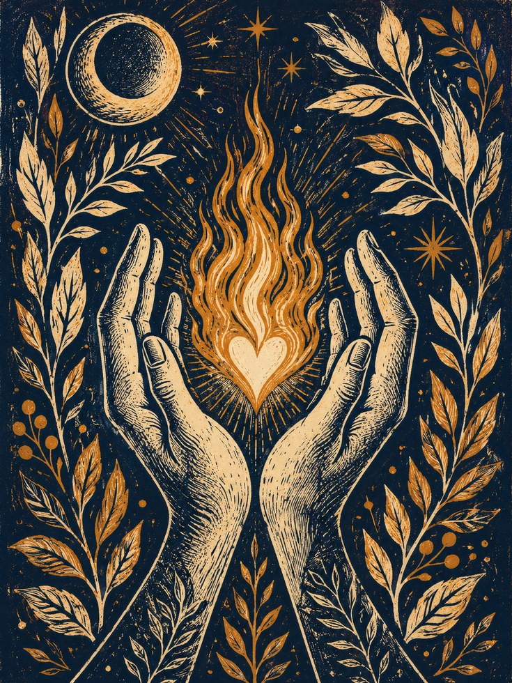 Celestial Hands Print — Mystical Flaming Heart - artwork on paper