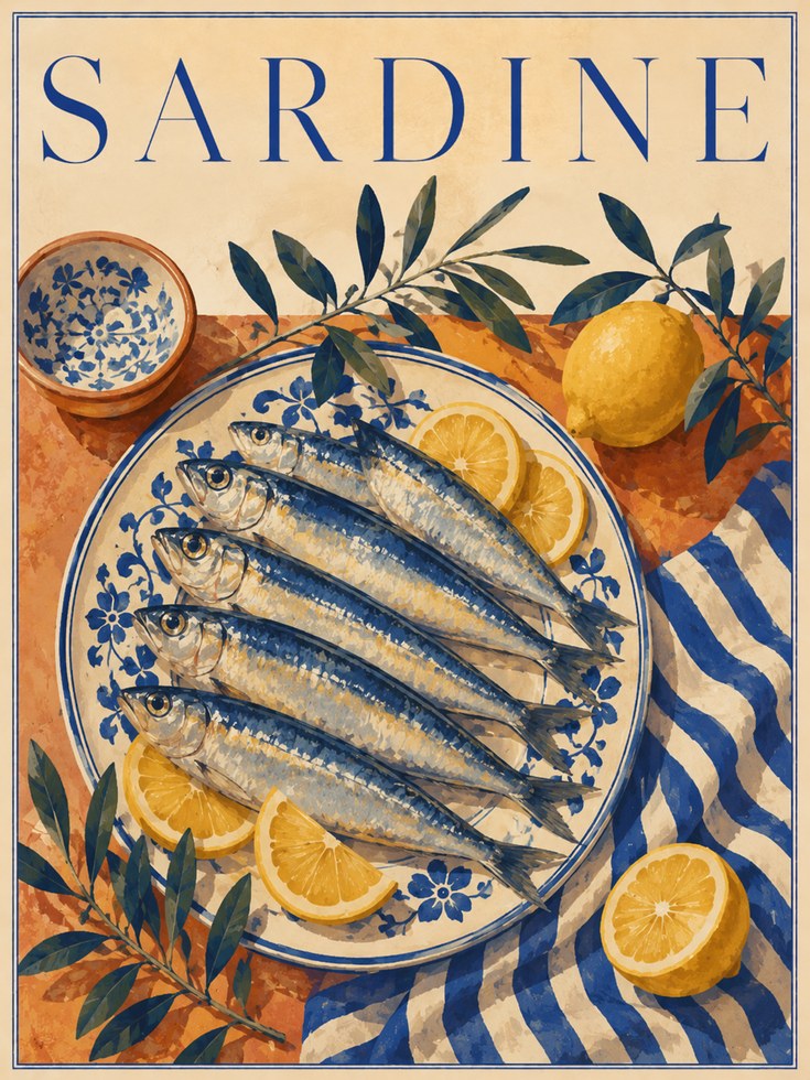 Sardine Wall Art: Vintage Mediterranean Food Illustration - artwork on paper