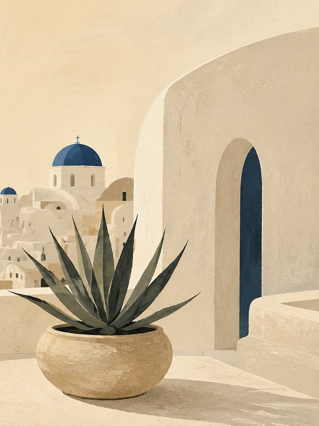 Greek Santorini Architecture Print: Minimalist Mediterranean Landscape - artwork on paper