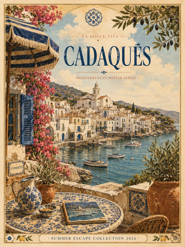Cadaqués Vintage Travel Poster — Mediterranean Coastal Village - artwork on paper