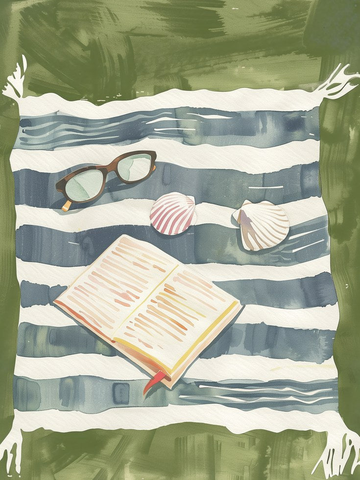 Beach Towel Reading Print: Coastal Summer Wall Art (Living Room) - artwork on paper