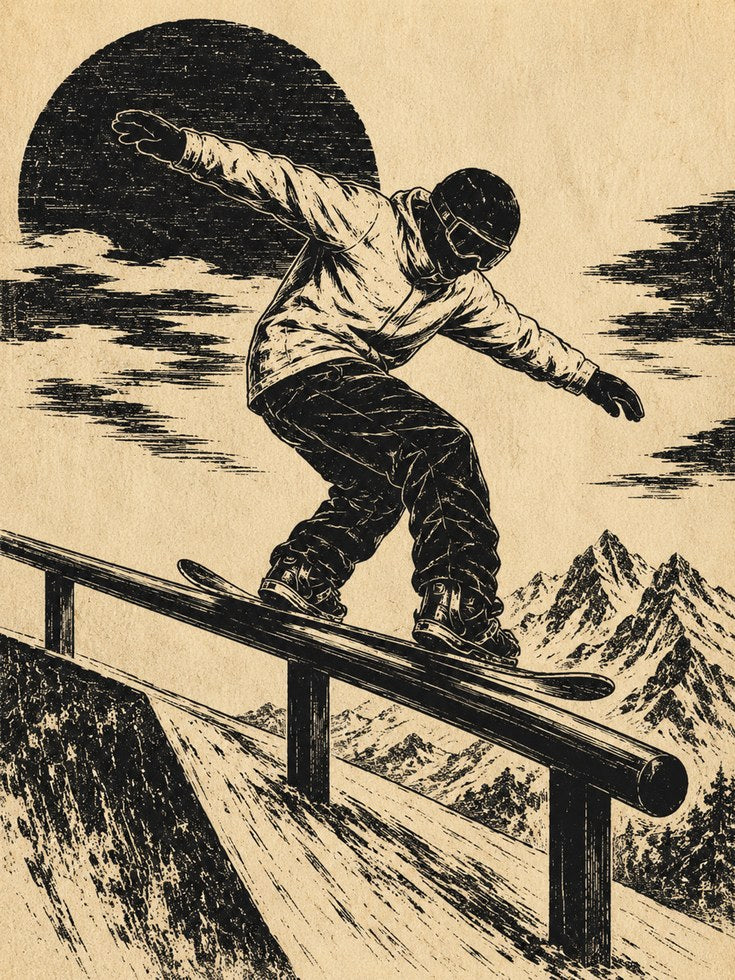 Snowboarder Rail Slide Print: Vintage Woodcut Mountain Sports Art - artwork on paper