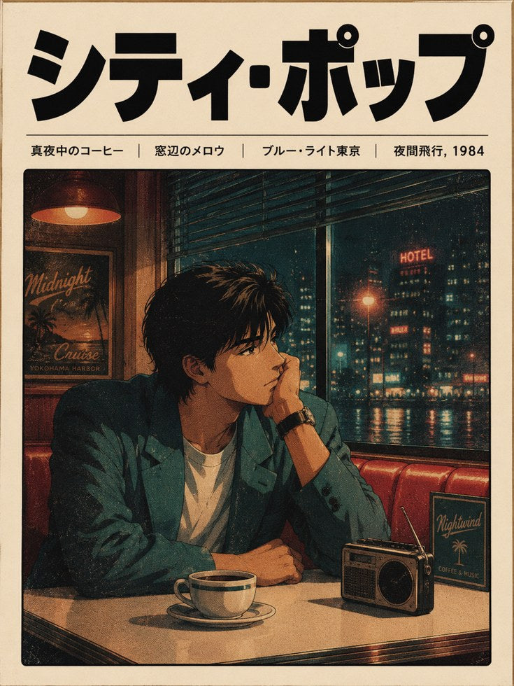 City Pop Cafe Scene: Retro 1980s Tokyo Anime Art Print - artwork on paper