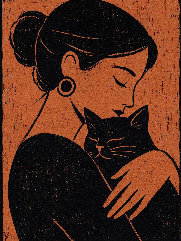 Woman with Cat Print – Retro Block Print - artwork on paper
