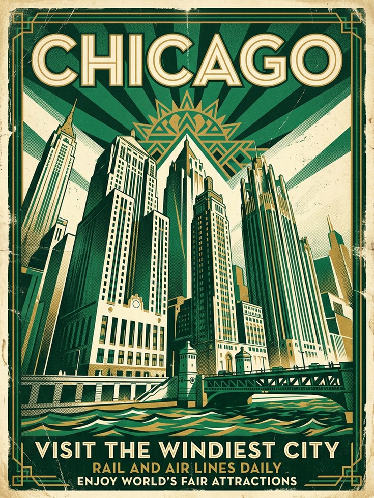 Chicago Art Deco Travel Poster — Vintage Skyline - artwork on paper