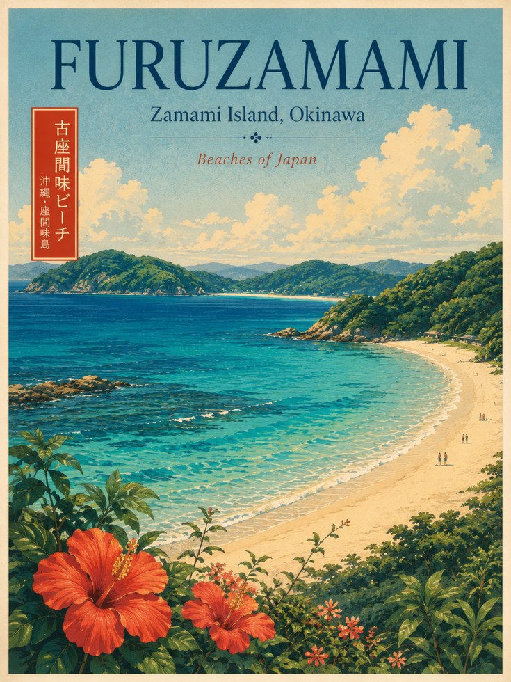Okinawa Travel Poster: Furuzamami Beach Scene - artwork on paper