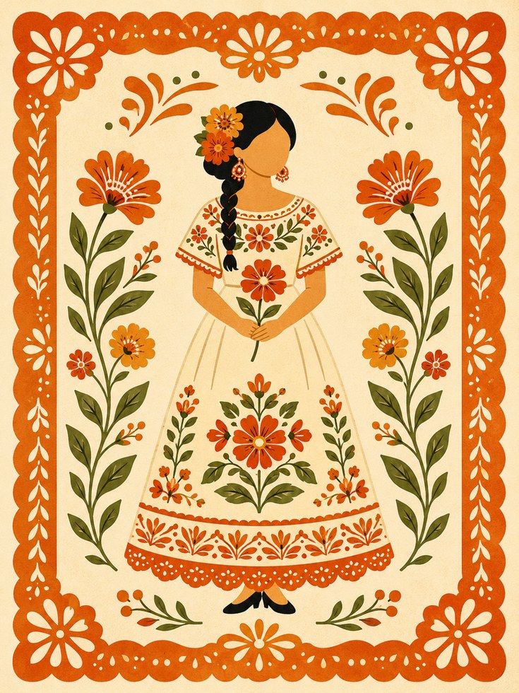 Mexican Folk Art Woman: Orange Floral Embroidered Dress Print - artwork on paper