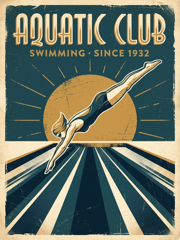 Aquatic Club Diving Poster: Art Deco Swimming Vintage Print - artwork on paper