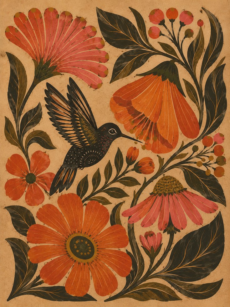 Folk Art Bird and Floral Print — Vintage Botanical Illustration - artwork on paper