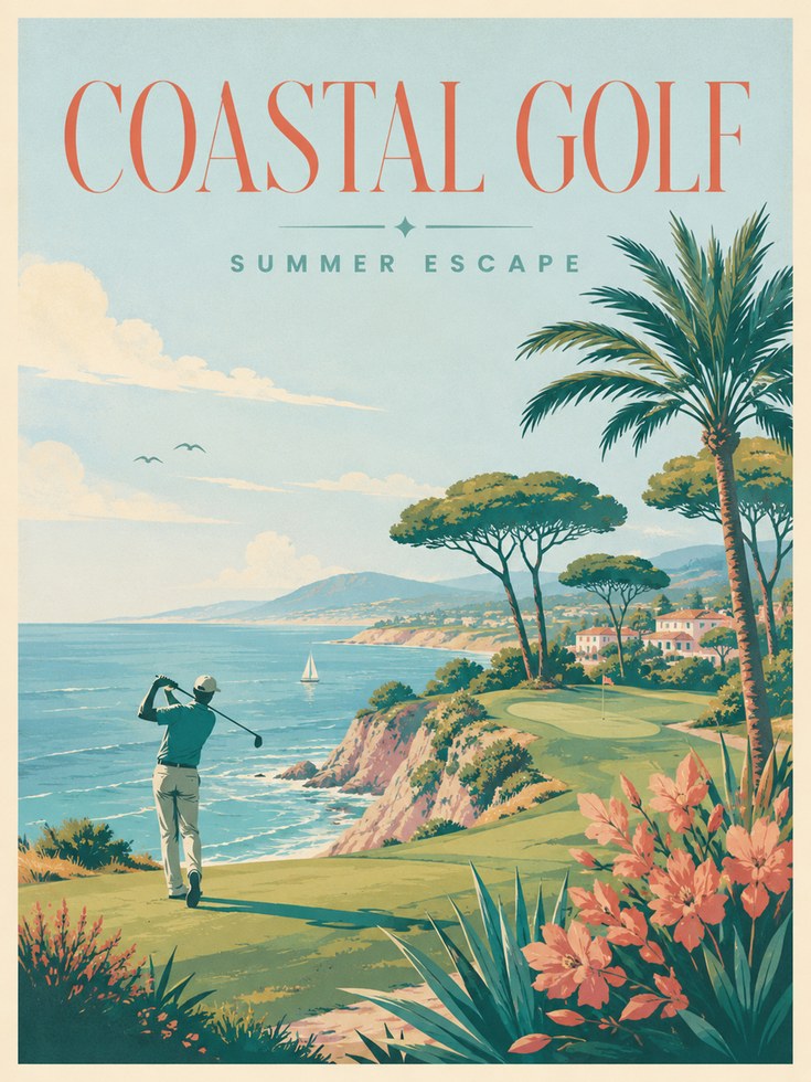 Vintage Golf Travel Poster: Coastal Mid-Century Summer Wall Art - artwork on paper
