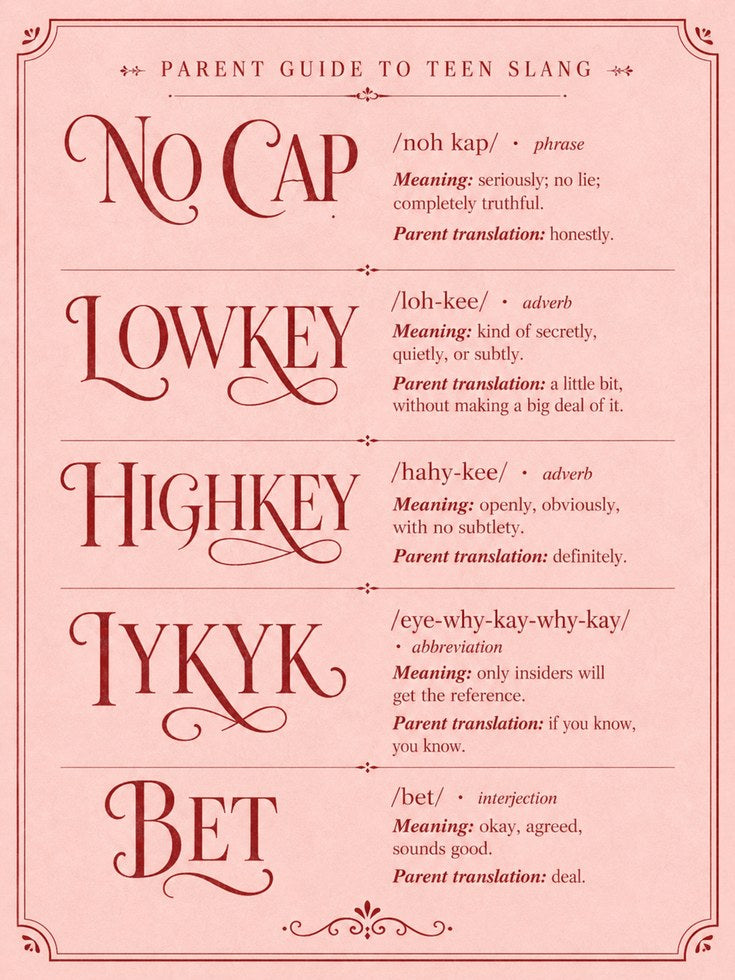 Teen Slang Guide Print: Vintage Pink Typography Poster - artwork on paper