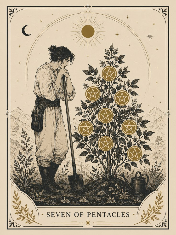 Tarot Card Wall Art – Seven of Pentacles Print - artwork on paper
