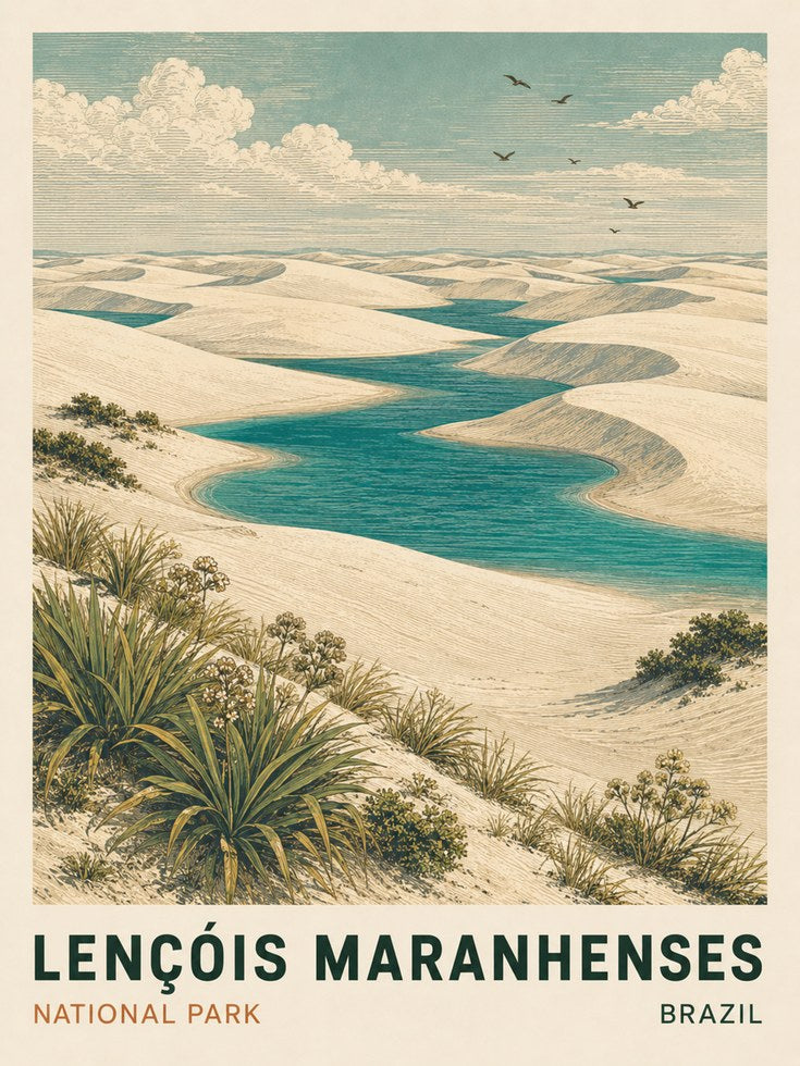 Brazil Travel Poster – Lencois Maranhenses Print - artwork on paper