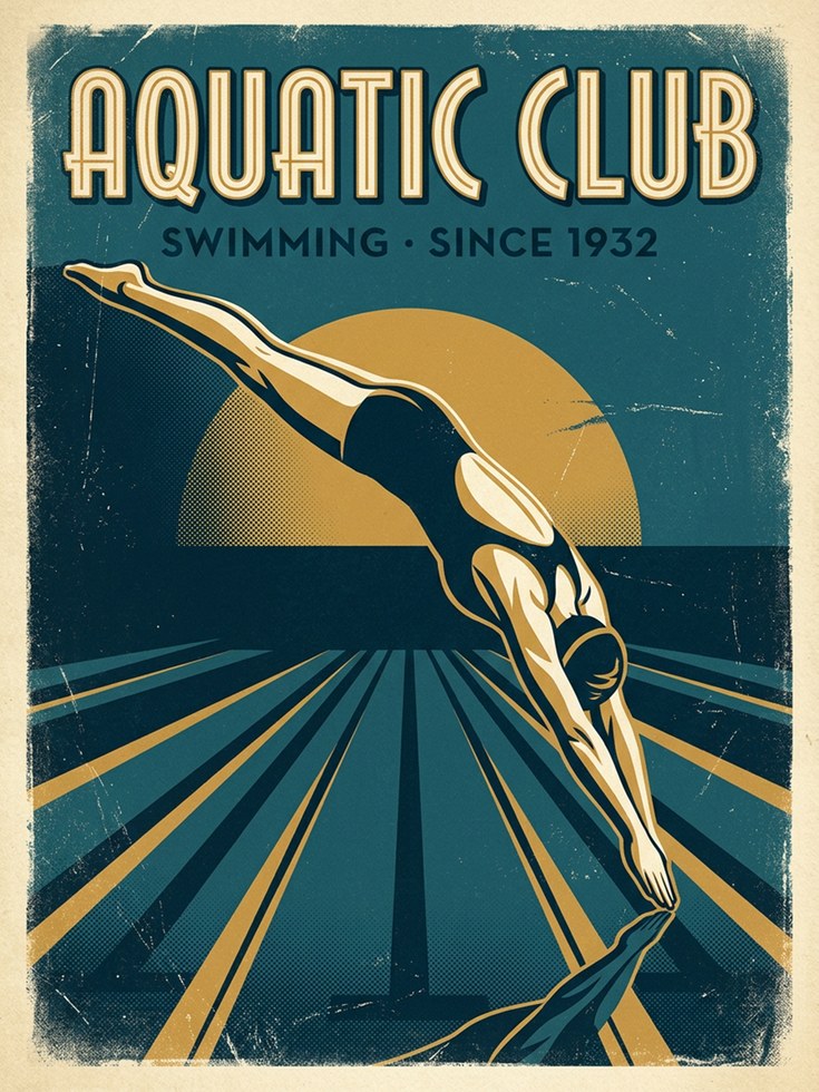 Aquatic Club Swimming Poster: Vintage Art Deco Diver Print - artwork on paper