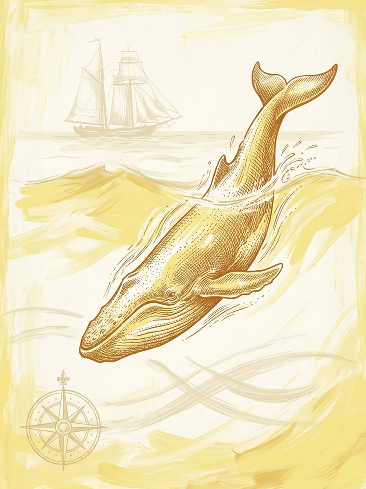 Golden Whale and Ship Art Print: Vintage Nautical Illustration - artwork on paper