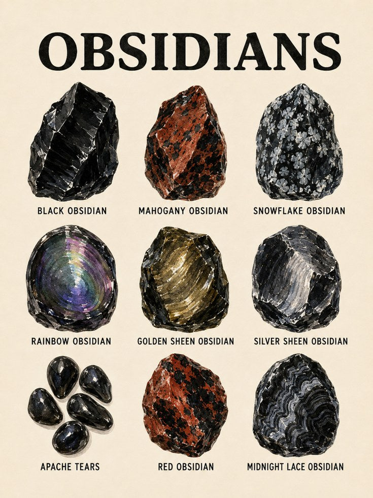 Obsidian Types Educational Poster: Vintage Mineral Chart Art Print - artwork on paper