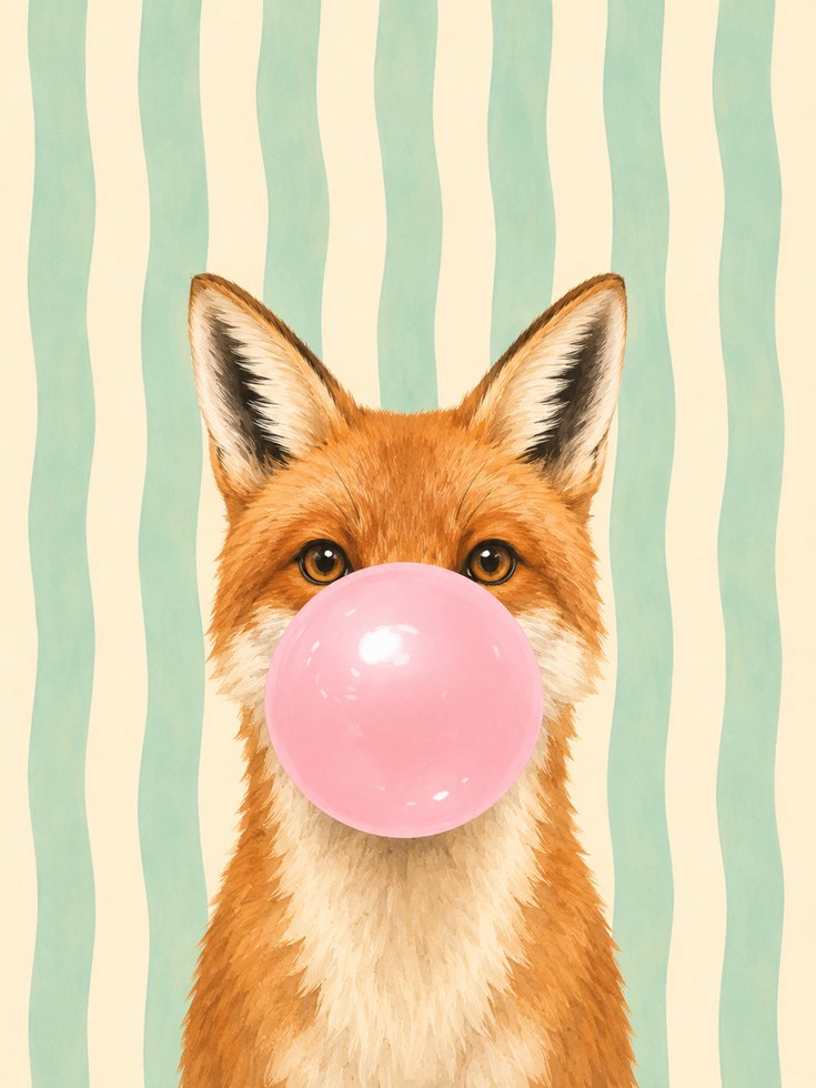 Fox Bubble Gum Print – Animal Nursery Wall Art - artwork on paper