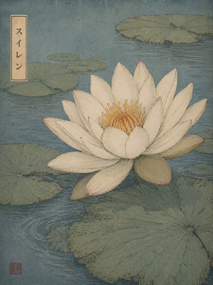 Japanese Lotus Print — Vintage Botanical Woodblock Style - artwork on paper