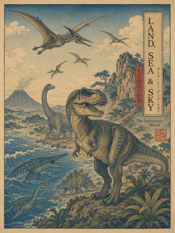 Dinosaur Landscape Art Print: Japanese Ukiyo-e Style Poster - artwork on paper