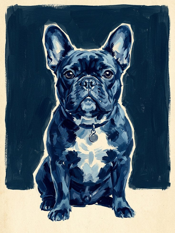 French Bulldog Portrait: Blue Tonal Dog Art Print - artwork on paper