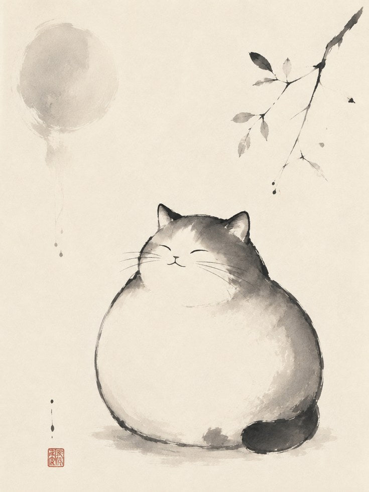 Cat Wall Art – Japanese Ink Painting - artwork on paper