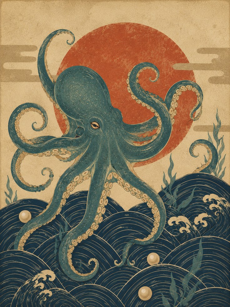 Vintage Japanese Octopus Print - artwork on paper