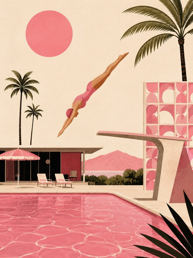 Pink Palm Springs Pool Diver: Mid-Century Modern Art Print - artwork on paper